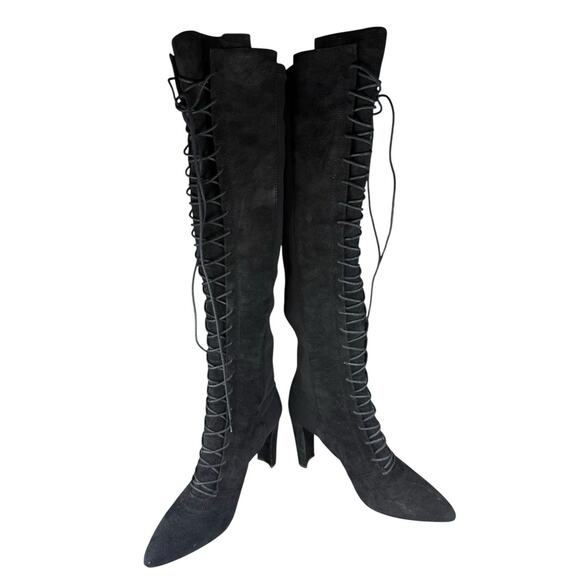 Stuart Weitzman Highstring Suede Lace Up Over Knee Boots Black 6M - Picture 5 of 12